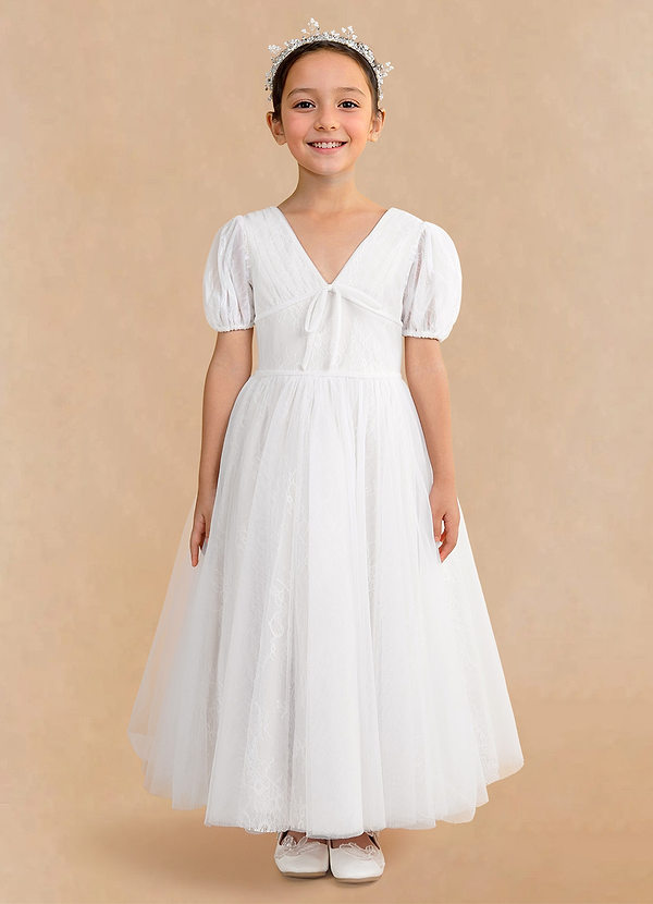 Azazie Cressidia Flower Girl Dresses Diamond White A-Line Pleated Tulle Dress image1