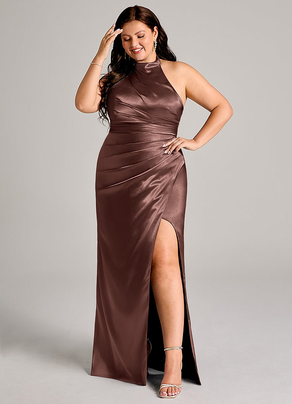 Azazie Jemma Bridesmaid Dresses Espresso Sheath Pleated Metallic Satin Dress image1