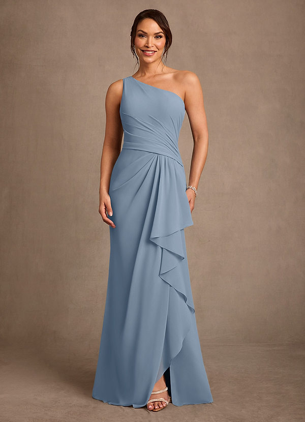 Azazie Floy Mother of the Bride Dresses Vestido Azul Empoeirado de Chiffon de Bainha com Um ombro image1