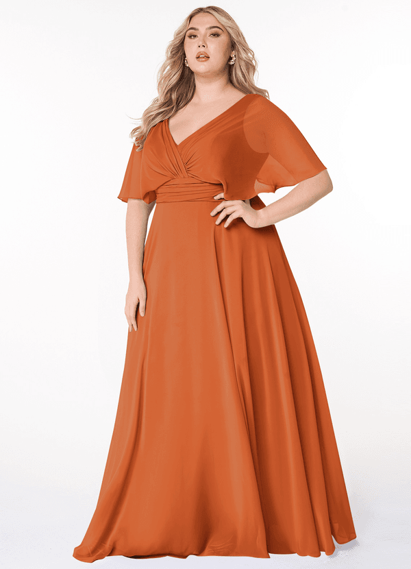 Azazie Pamela Bridesmaid Dresses Cinnamon A-Line V-Neck Pleated Chiffon Dress image1