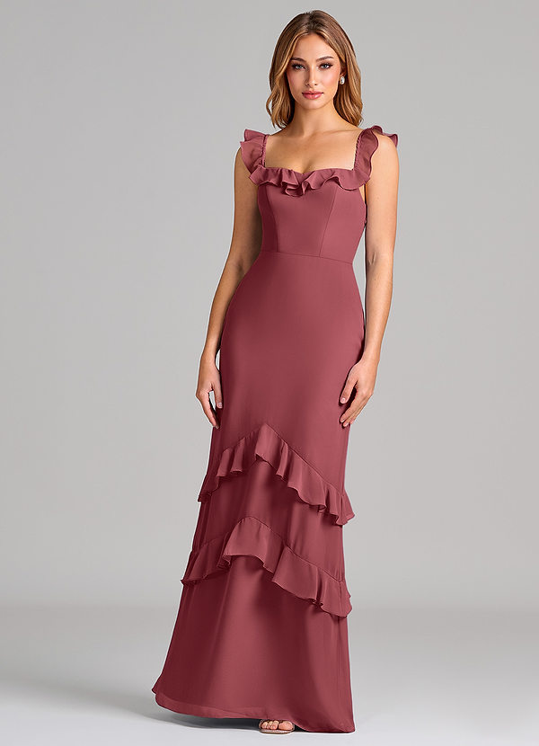 Azazie Marilynn 신부 들러리 드레스 인어 오프 더 숄더 쉬폰 바닥 길이 드레스 image1