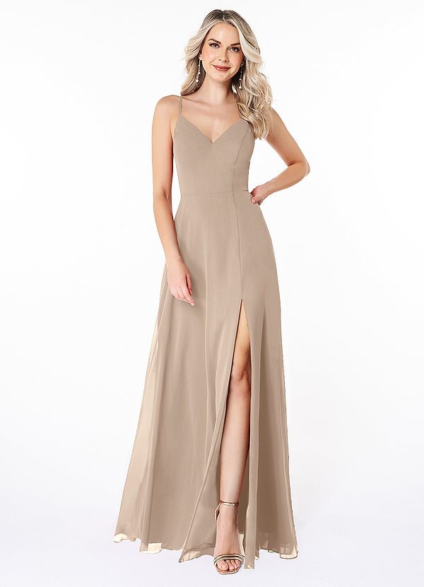 Azazie Lena Bridesmaid Dresses Taupe A-Line Lace Chiffon Dress image1