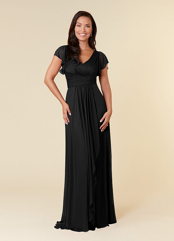 Azazie Reneya Mother of the Brides Dresses Black A-Line Pleated Mesh Dress image1