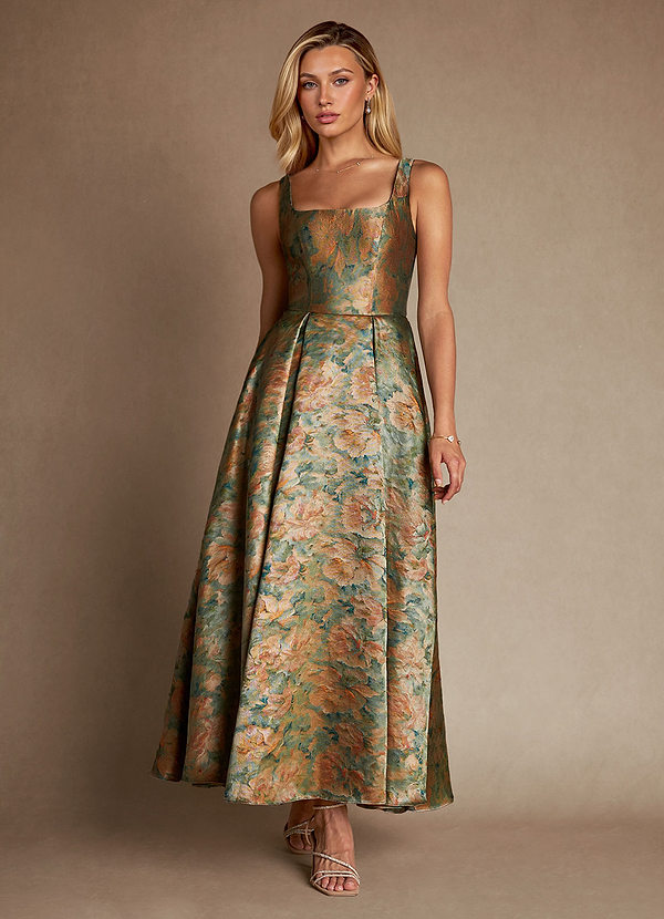 Azazie Jonay Vestidos de Madre de la Novia Vestido de Verde Azulado Vintage de Brocado de Corte En A con Plisado image1
