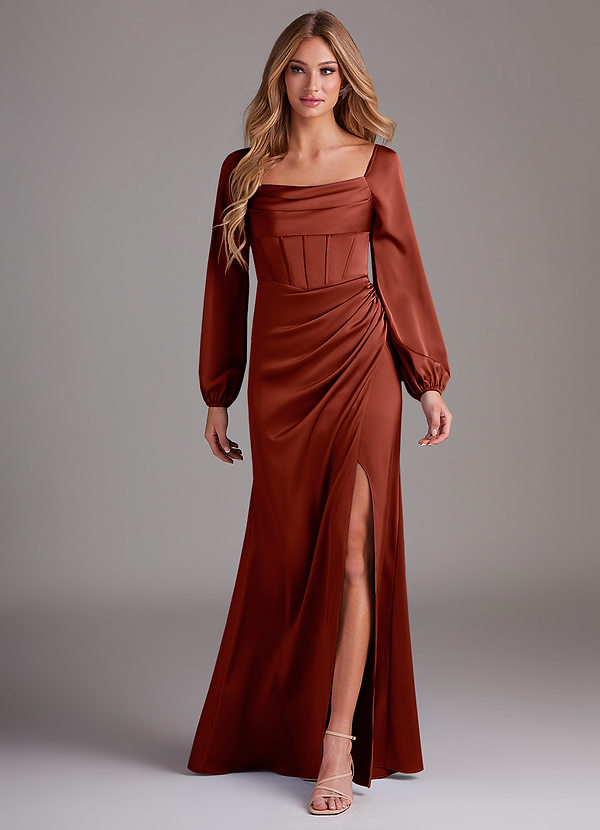 Azazie Charissa Robes Demoiselle d'honneur Robe Fourreau en Satin extensible Manche longue Terracotta image1