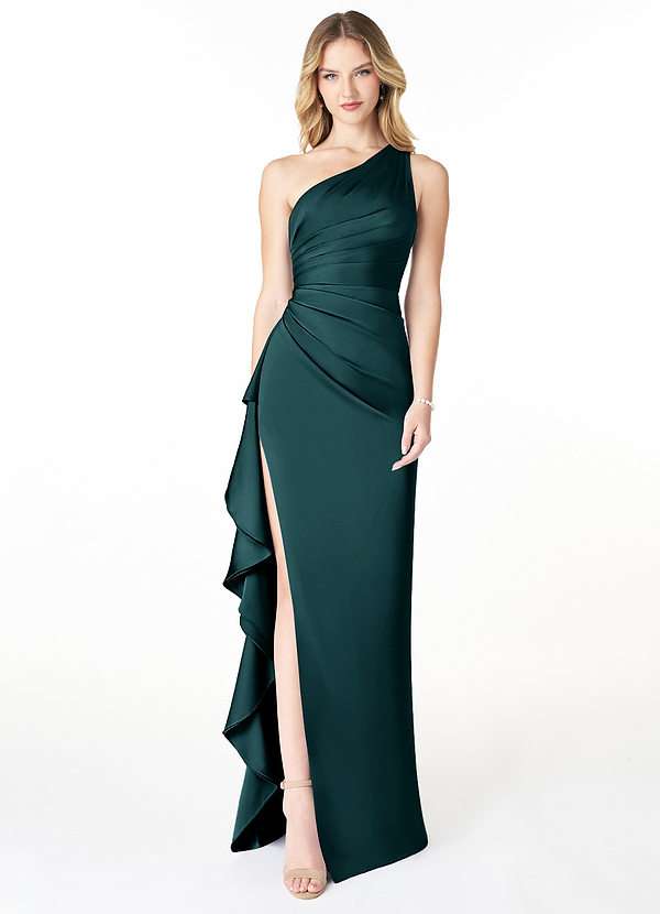 Azazie Latrice Bridesmaid Dresses Pine Sheath One Shoulder Cascading Ruffles Stretch Satin Dress image1