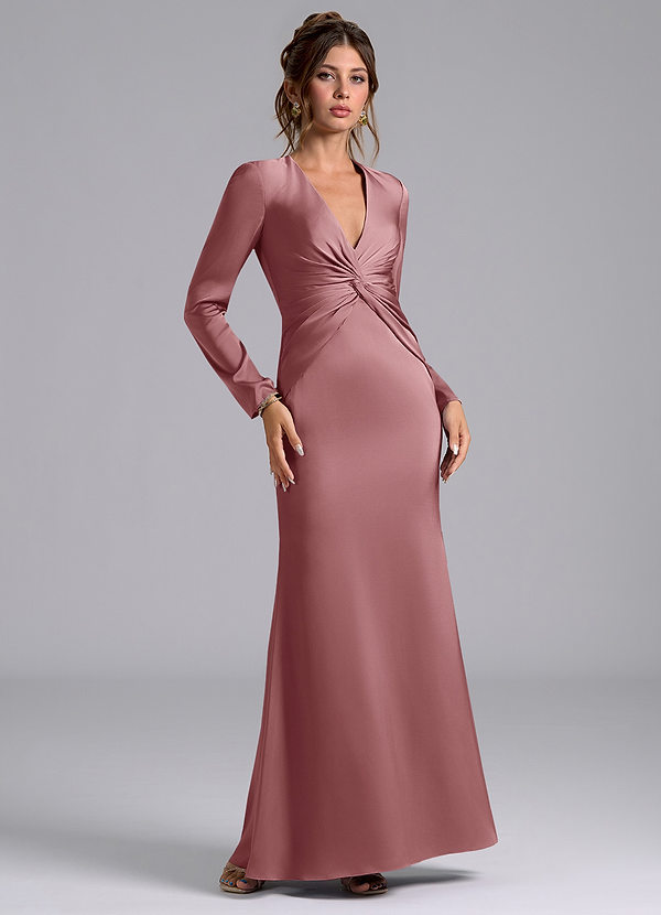 Azazie Valerie Bridesmaid Dresses Dusty Rose Mermaid Long Sleeve Stretch Satin Dress image1