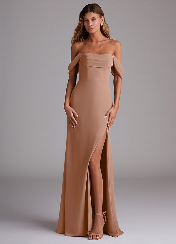 Azazie Saige Bridesmaid Dresses Champagne Rose A-Line Off the Shoulder Chiffon Convertible Dress image1