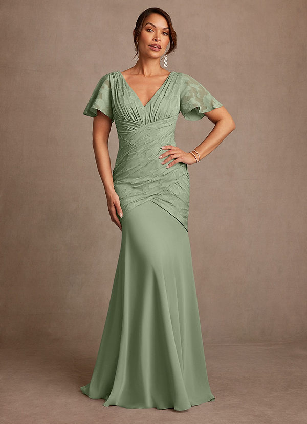 Azazie Jolene Mother of the Brides Dresses Dusty Sage Mermaid Pleated Floral Burnout Dress image1