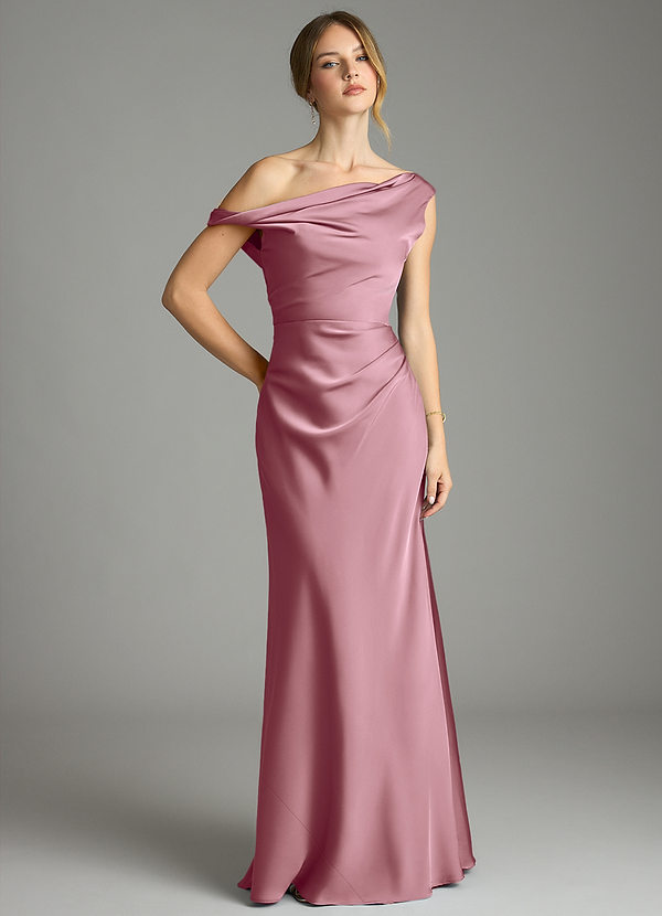 Azazie Emerson Bridesmaid Dresses Vintage Mauve Mermaid Off the Shoulder Stretch Satin Dress image1