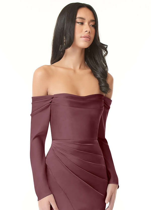 Azazie Hallie Vestidos de dama de honor Vestido de Sangrado de Satén Elástico de Recto Convertible con Manga larga con hombros descubiertos image1