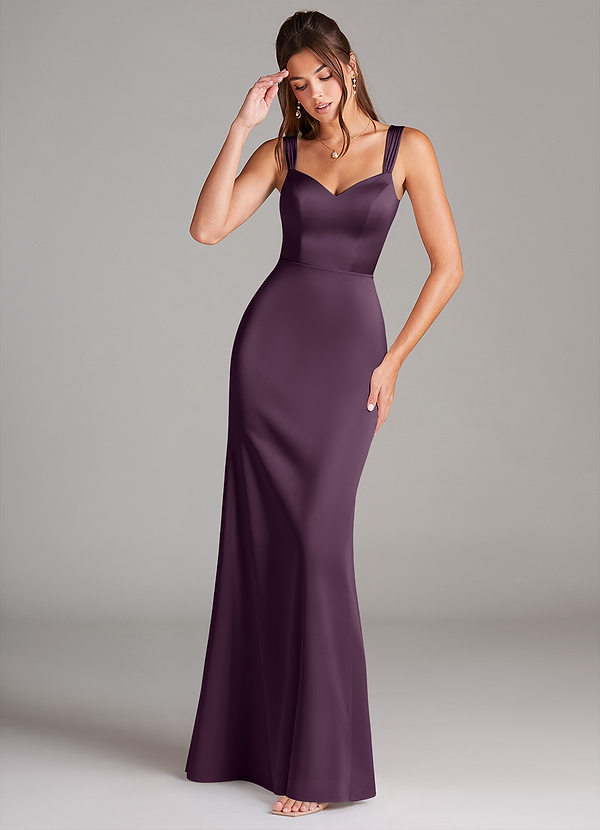 Azazie Denice Bridesmaid Dresses Plum Sheath Pleated Stretch Satin Dress image1