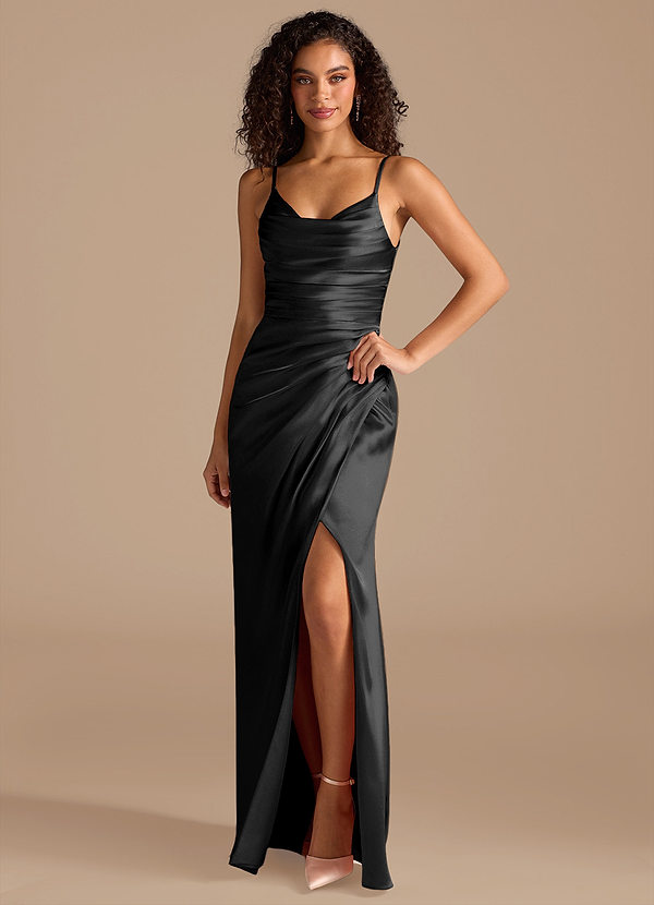 Azazie Deandra Bridesmaid Dresses Black Mermaid Pleated Metallic Satin Dress image1