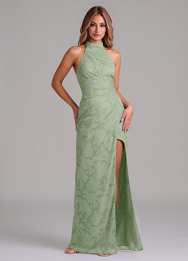 Azazie Jemma 신부 들러리 드레스 쉬스 주름진 플로럴 번아웃 바닥 길이 드레스 image1