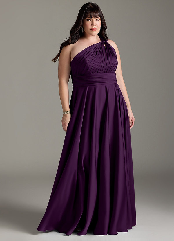 Azazie Charlize Bridesmaid Dresses Grape A-Line One Shoulder Stretch Satin Dress image1