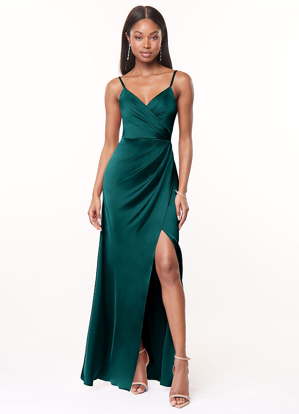 Azazie Maci Bridesmaid Dresses Peacock A-Line V-Neck Pleated Stretch Satin Dress image1