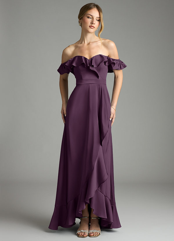 Azazie Lyra Bridesmaid Dresses Plum A-Line Off the Shoulder Stretch Satin Convertible Dress image1