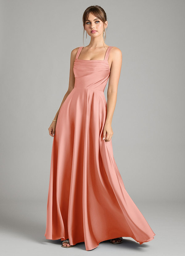 Azazie Shaude Vestidos Dama de Honor Vestido de Coral de Satén Elástico de Corte en A con Plisado image1