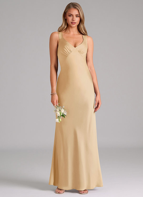 Azazie Kamila Bridesmaid Dresses Gold A-Line Pleated Stretch Satin Dress image1
