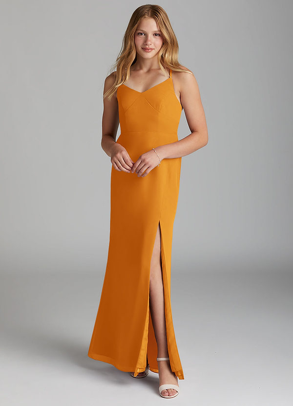 Azazie Becca Junior Robe Sirène en Mousseline de soie Caramel écossais image1