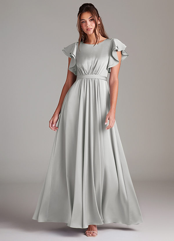 Azazie Daphne Modest Bridesmaid Dresses A-Line Ruched Stretch Satin Floor-Length Dress image1