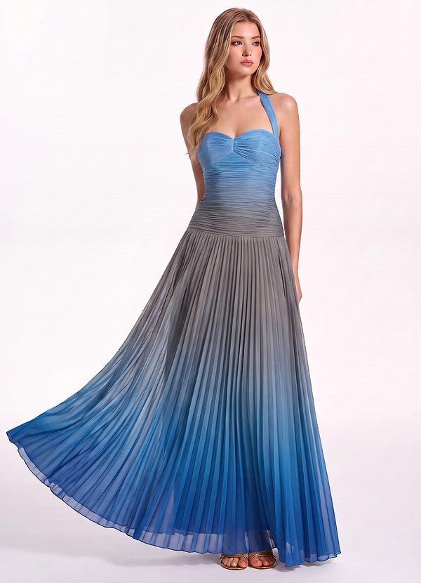 Romilly Hemelsblauw Halterjurk van chiffon met ombré-effect, geplooid en tot op de grond. image1