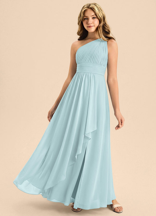Azazie Skye Junior Abito A-Line in Chiffon Plissettato Nebbia image1
