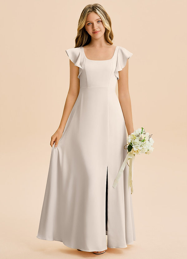 Azazie Bondi Junior White Alabaster A-Line Side Slit Stretch Satin Dress image1