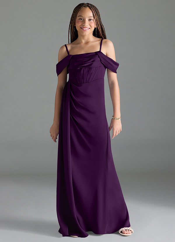 Azazie Amyra Junior Grape Sheath Off the Shoulder Stretch Satin Dress image1
