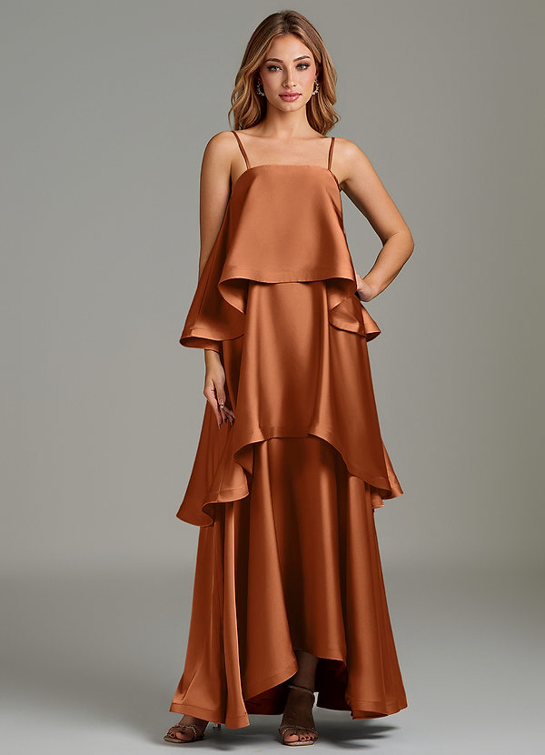 Azazie Azalea Bridesmaid Dresses Copper A-Line Ruched Stretch Satin Dress image1
