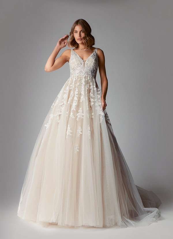 Azazie Sorella Wedding Dresses A-Line V-Neck Sequins Tulle Chapel Train Dress image1