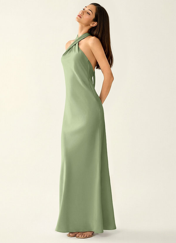 Manllanda Verde Claro Vestido de fiesta de satén con lazos image1