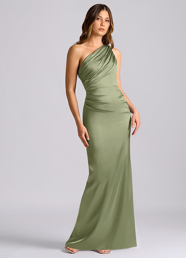 Azazie Akilah Bridesmaid Dresses Garden Sage Mermaid One Shoulder Stretch Satin Dress image1