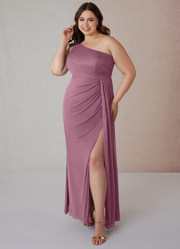 Azazie Jhene Bridesmaid Dresses Sheath One Shoulder Mesh Floor-Length Dress image1