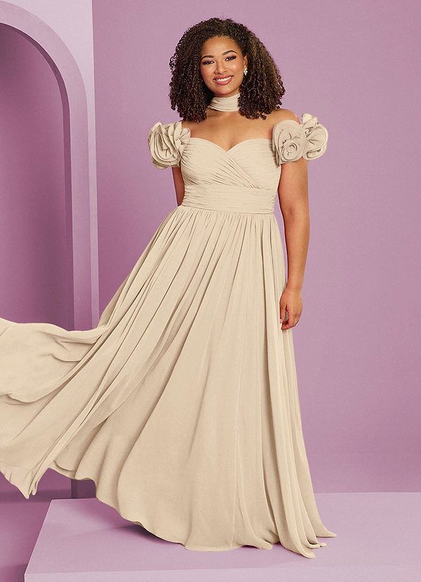 Barbie ♥ Azazie Bruidsmeisjes Jurken Converteerbaar Jurk van Chiffon met A-Lijn Off the Shoulder Champagne image1
