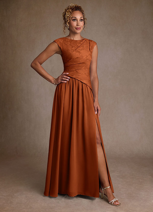 Azazie Kalleen Vestidos de Madre de la Novia Vestido de Naranja Quemada de Gasa de Corte en A con Plisado image1