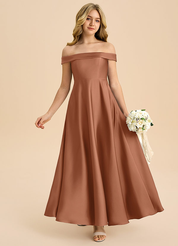 Azazie Sissy Junior Abito A-Line in Raso Elasticizzato a Spalla Scoperta Bronzo image1