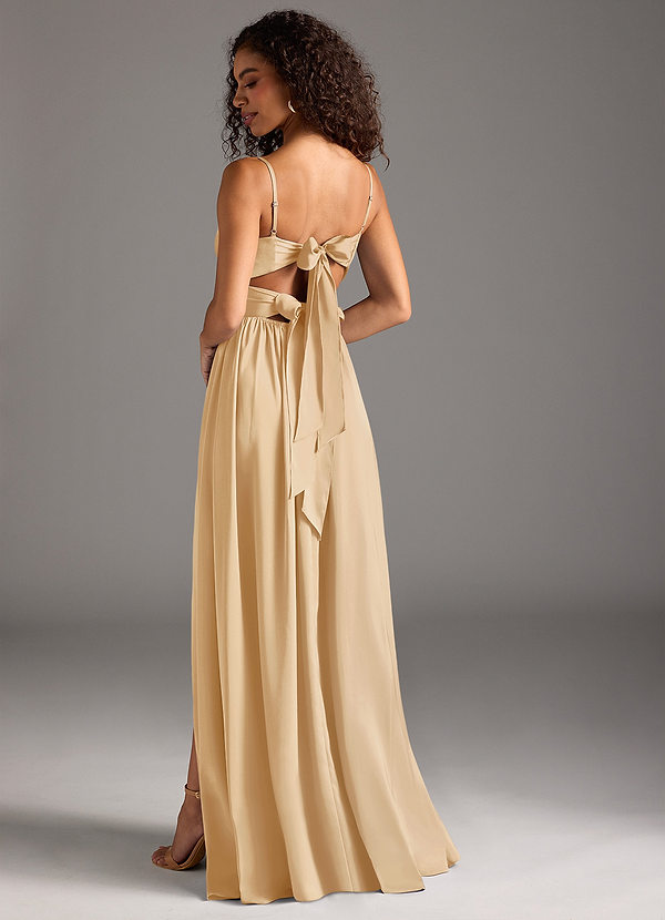 Azazie Zeya Bridesmaid Dresses Gold A-Line Pleated Stretch Satin Dress image1