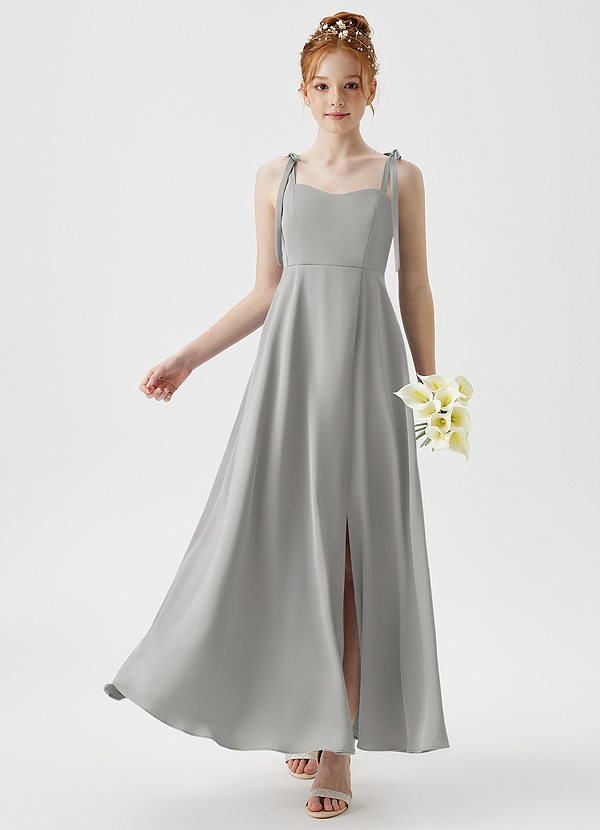 Azazie Rosey Junior Robe Trapèze en Satin extensible Encolure en Forme de Cœur Argent image1