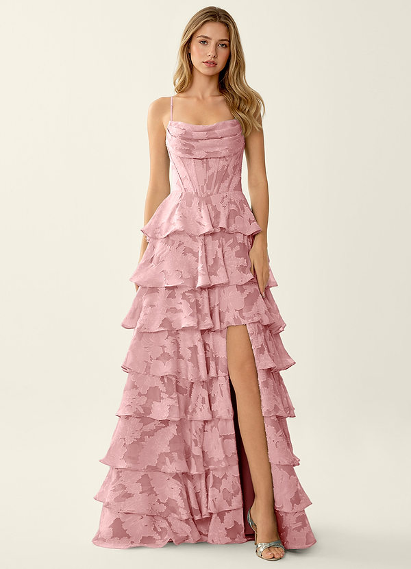 Wrenana Rose Corail Robe de bal en jacquard fleuri texturé image1