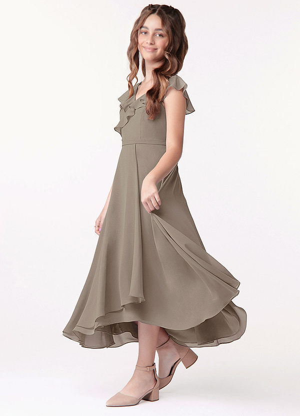 Azazie Posie Junior Taupe A-Line Ruched Chiffon Dress image1