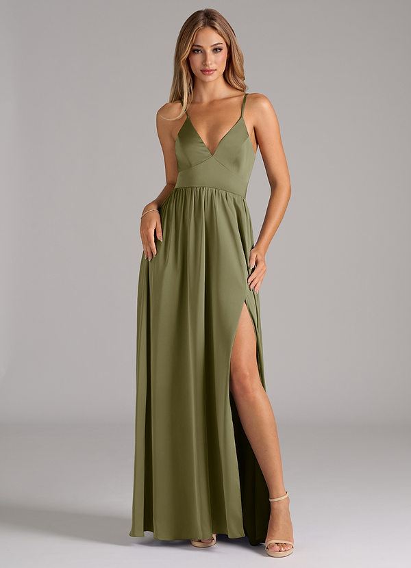 Azazie Aaida Bridesmaid Dresses Pistachio A-Line Corset Stretch Satin Dress image1