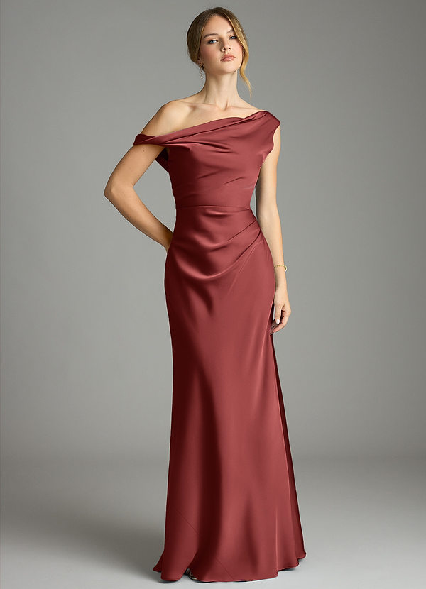 Azazie Emerson Robes de demoiselle d'honneur Robe Sirène en Satin extensible Épaules dénudées Terracotta image1