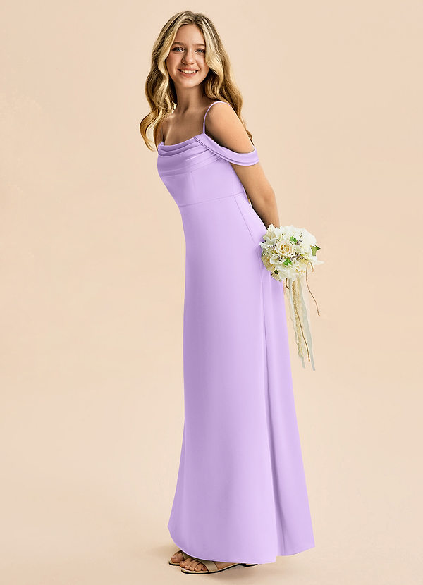Azazie Lettie Junior Lilac A-Line Off the Shoulder Stretch Satin Dress image1