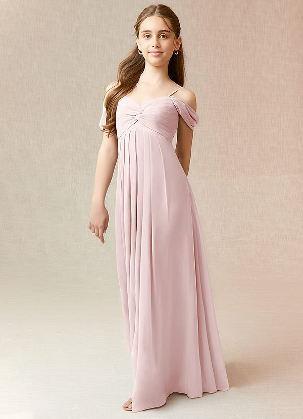 Azazie Kaitlynn Junior Blushing Pink A-Line Off the Shoulder Chiffon Dress image1