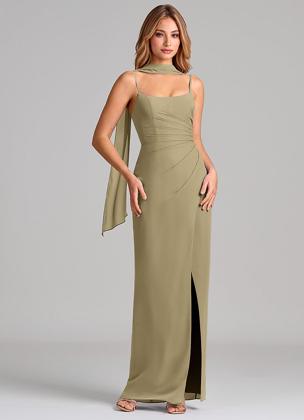 Azazie Calandra Abiti da Damigella Abito Tubino in Chiffon Plissettato Verde Muschio image1