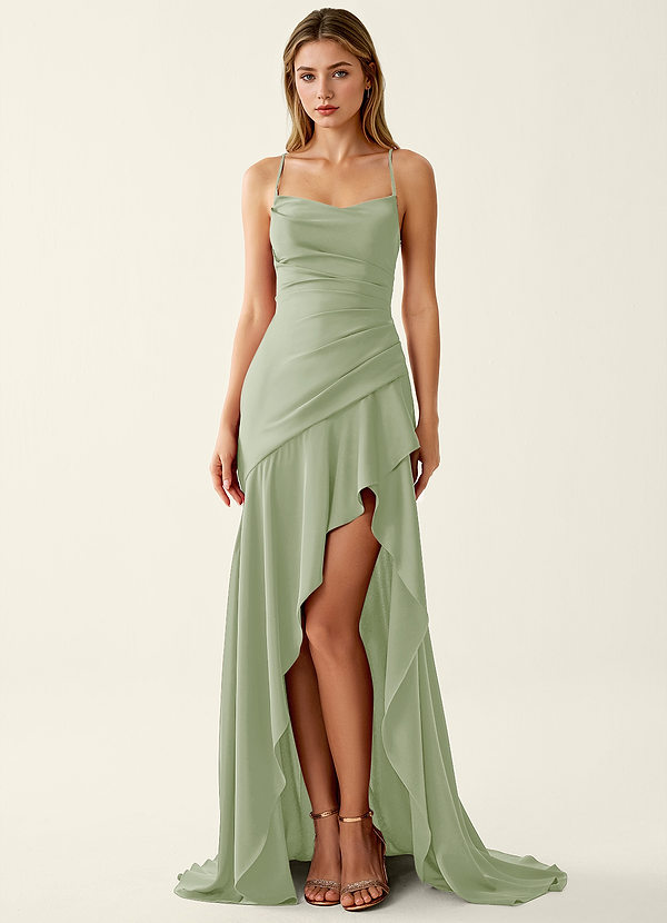 Annabella Rose Light Green Satin Lace Up Back Prom Dress image1