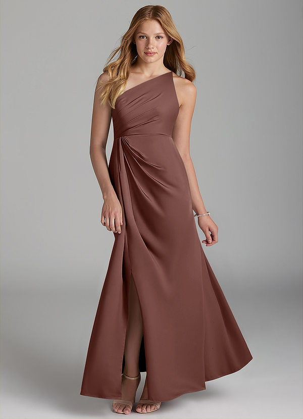 Azazie Mika Junior A-Linie Plissee Stretch-Satin Kleid Espresso image1