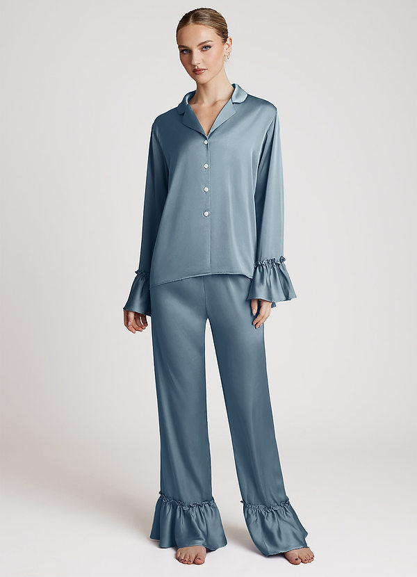 front Dusty Blue Lightweight Satin Ruffle Pajama Set