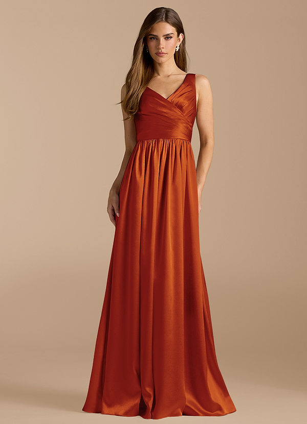 Azazie Keyla Bridesmaid Dresses Paprika A-Line Pleated Metallic Satin Dress image1